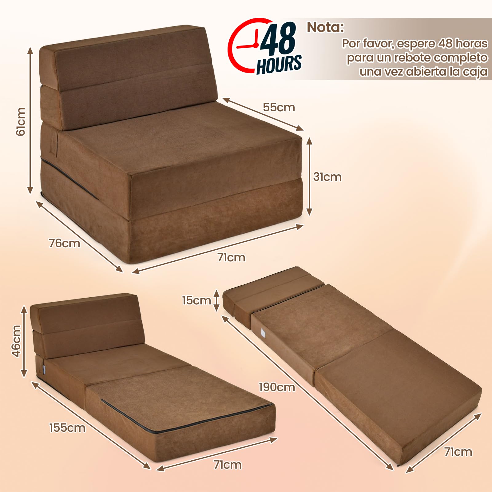 COSTWAY Colchón Plegable 3 en 1, Sofá Cama Plegable en 3 Secciones, Colchón de Espuma de Densidad de 15 cm, Funda Extraíble y Lavable, Cama de Invitados Portátil 190 x 70cm (café)