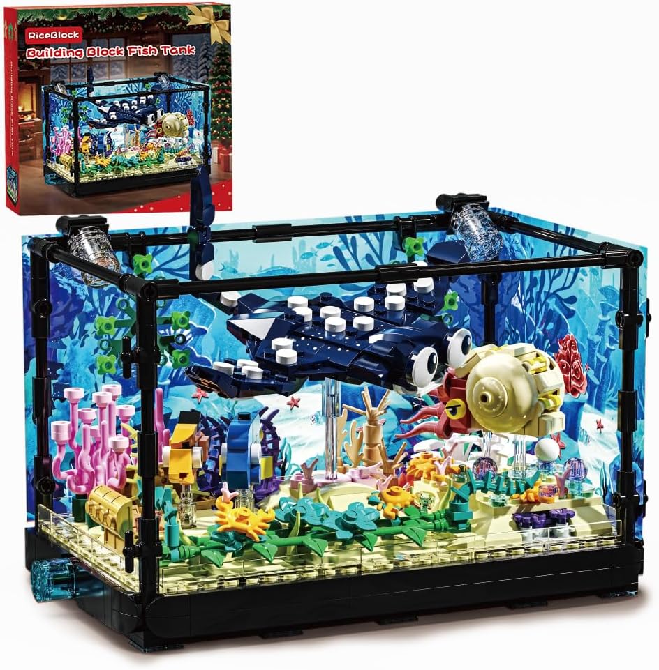 RiceBlock Fish Tank Aquarium Building Sets Holiday Toy, Ocean Theme Construction Toys, Educational STEM Creative Gift for Kids Ages 8-12 Boys and Girls, Ideal Gift for Christmas and New Year，889PCS
