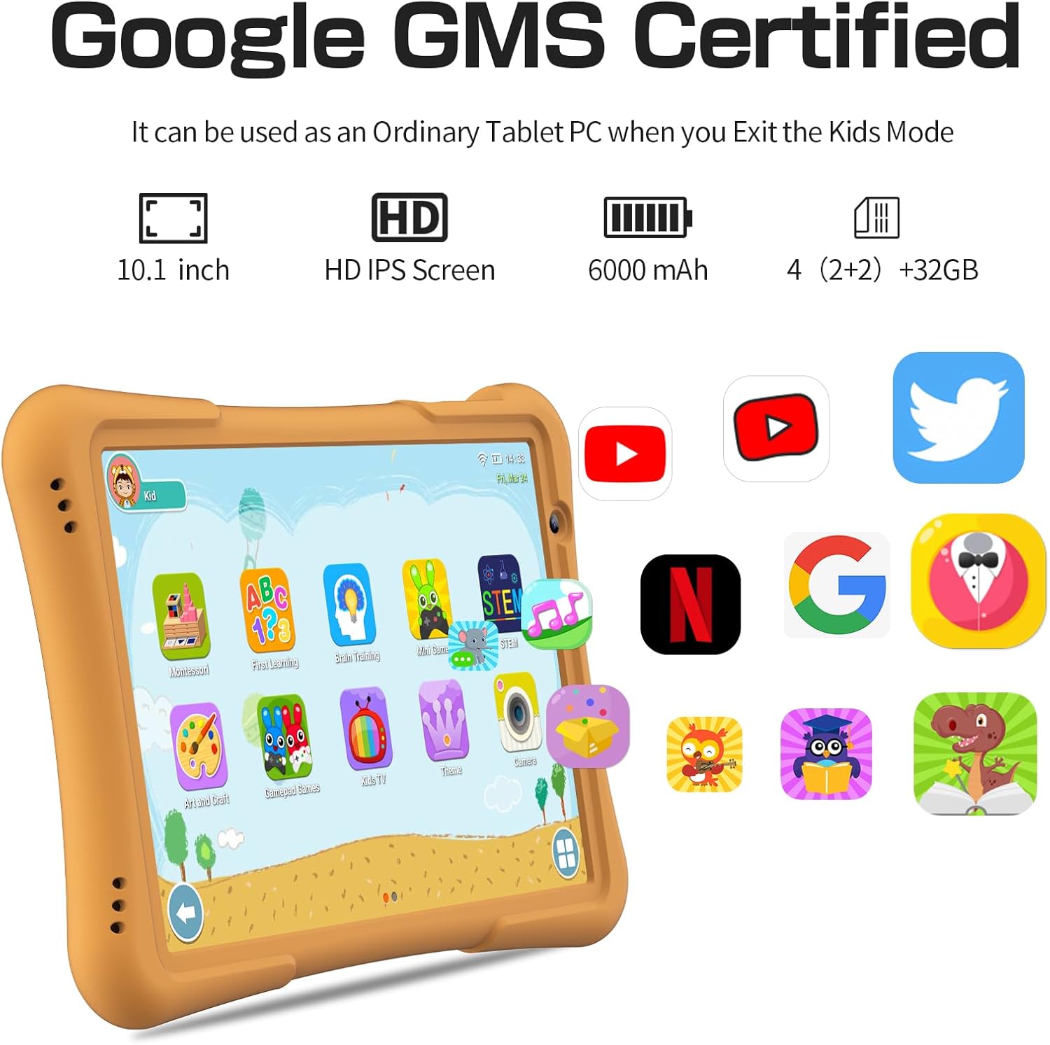 PRITOM 10 inch Kids Tablet Android 14 Tabletas 32GB, Quad-Core, 6000mAh, Large HD IPS Display, WiFi 6, Dual Camera, Bluetooth, Toddler Tablet for Kids Age 3+, Yellow
