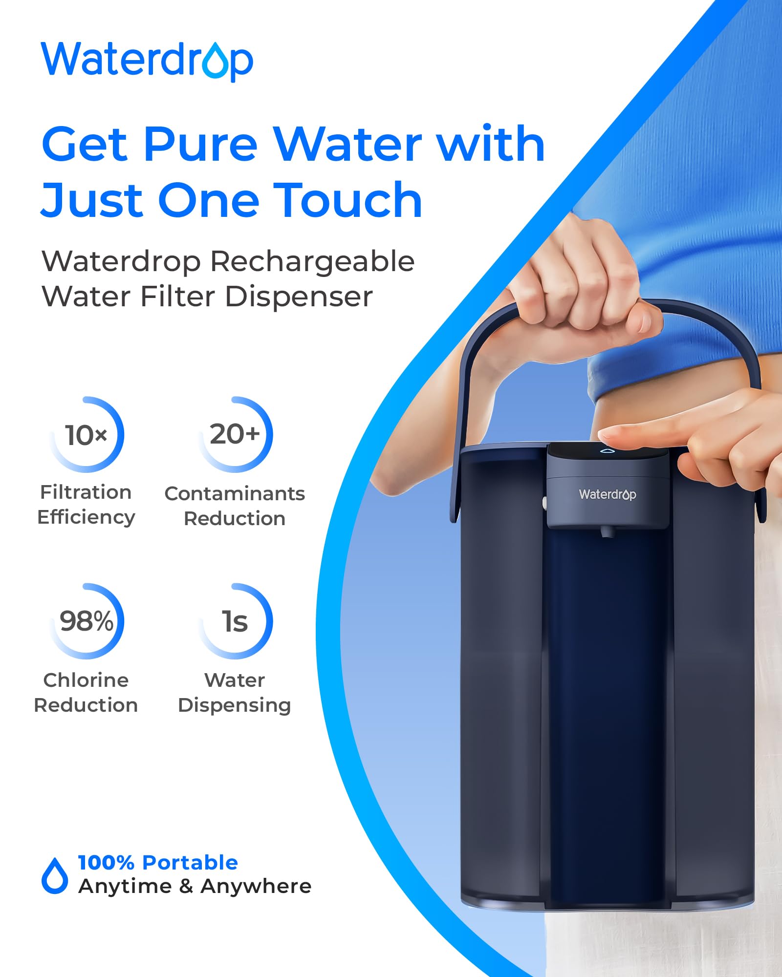 Waterdrop Pichet à eau électrique à action instantanée et filtre de 3 mois - Système de filtration d'eau de 3,5 l - Réduit 98 % de chlore et plus de 20 impuretés - Bleu