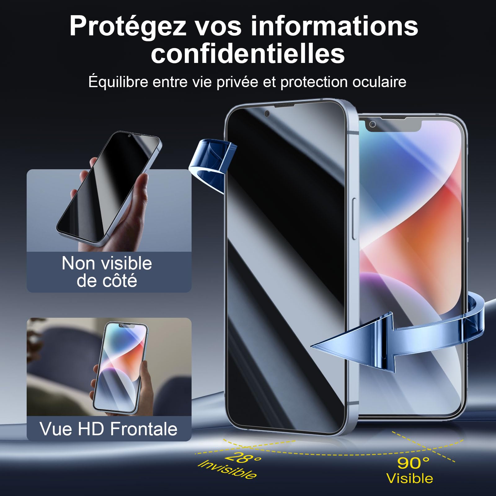 NEW'C Kit de 4, 2 x Verre Trempé Anti-Espion pour iPhone 14 (6,1 Pouces) et 2 x Protection Caméra Arrière - Ultra Résistant - Dureté 9H Glass- Angle de Confidentialité 28 Degrés Amélioré