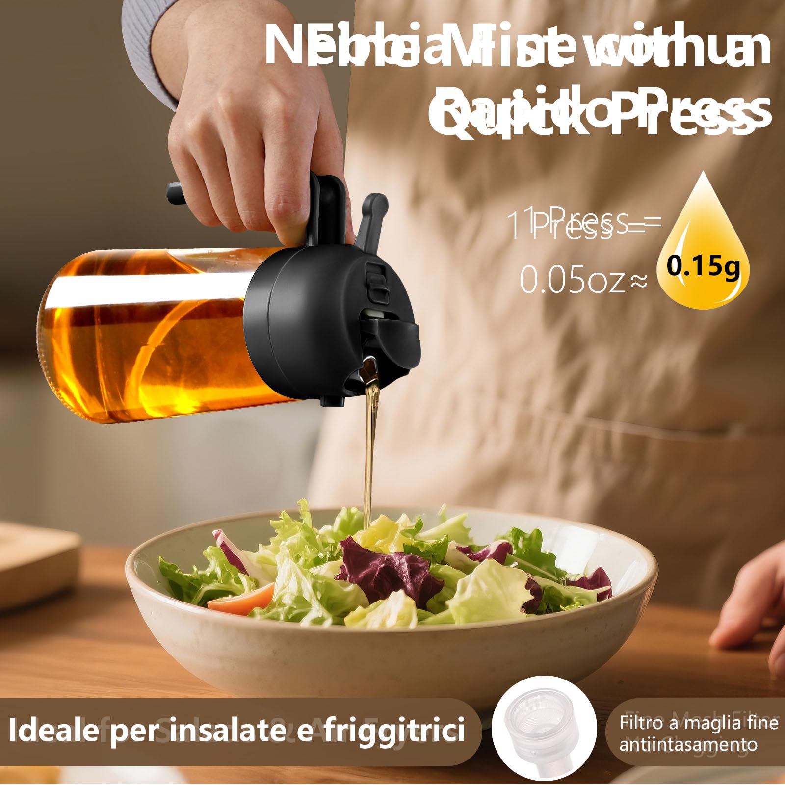 Spruzzatore Per Olio Da Cucina 2 In 1 – Bottiglia In Vetro Da 470ml Con Ugello Spray E Becco Versatore – Alimentare E Privo Di BPA – Ideale Per Frittura Ad Aria, Insalate E Grigliate - 2