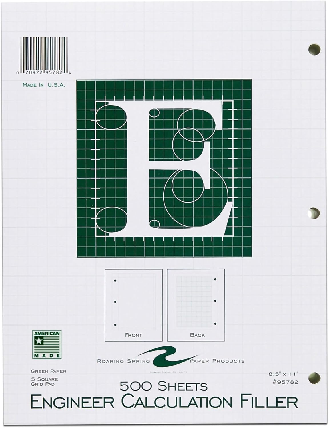 Roaring Spring Graph Ruled Engineering Paper, Loose Leaf Filler Engineering Paper, 5x5 Enclosed Grid, 8.5" x 11", 500 Sheets, 3 Hole Punched, Green Tinted Sheets, Made in USA