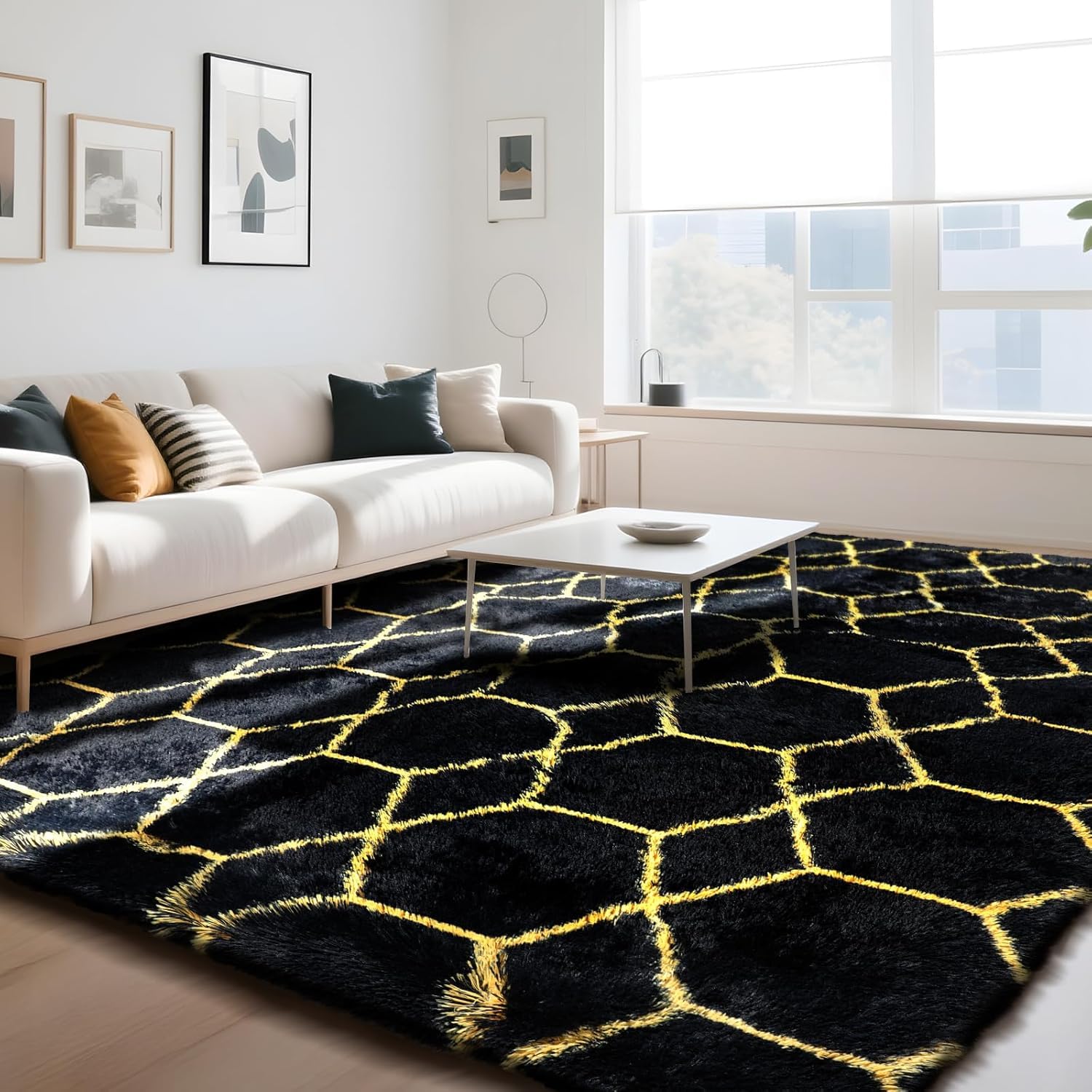 Hochflor Teppich Wohnzimmer 200x300 cm, Schwarz Gold Geometrisch
