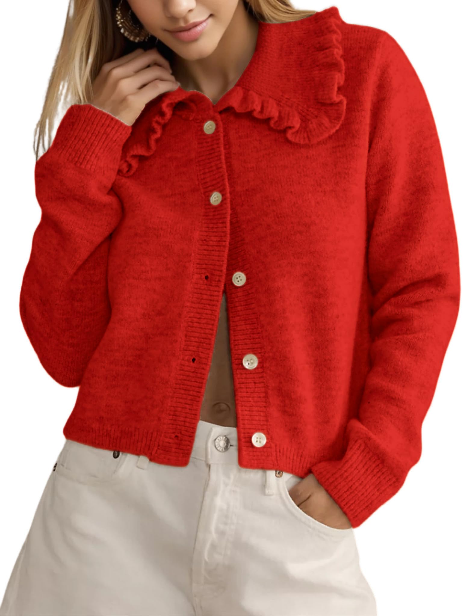 InterNos Womens Y2k Ruffled Collar Cardigan Sweaters Classic Button Down Long Sleeves Fall Sweater Crop Tops