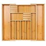 Expandable Cutlery Organizer, 7-9 Slot Bamboo Utensil Drawer Organizer with 2 Removable Knife Blocks, Adjustable Wooden Cutlery Tray Holder Kitchen Drawer Organizer for Silverware, Flatware