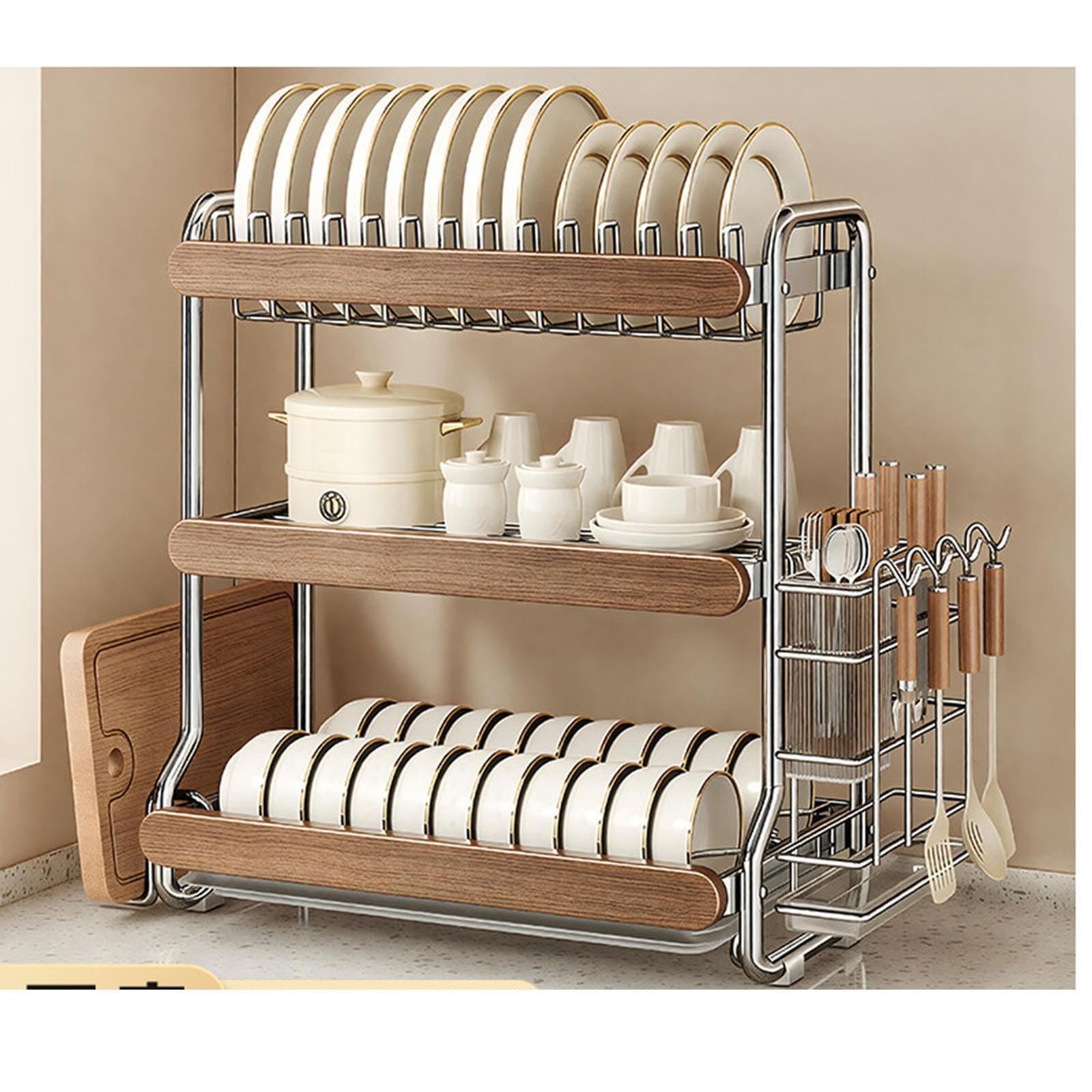 Égouttoir à vaisselle de comptoir pour cuisine, égouttoir en acier inoxydable, organiseur peu encombrant avec plateau d'égouttement, idéal pour les assiettes, les tasses et les ustensiles
