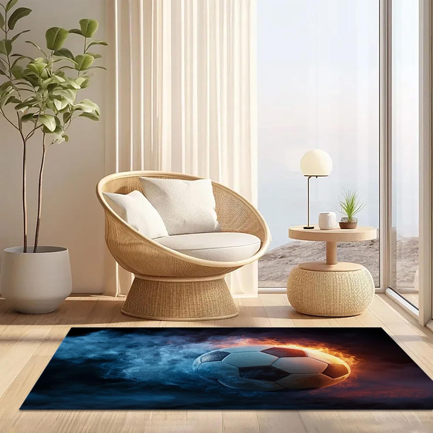 24Wx36L Entryway Rug Flames Football Non Slip Backing Machine Washable Low Pile Dynamic Sports Scene Indoor Doormat for Front Door Entrance Kitchen, Blue