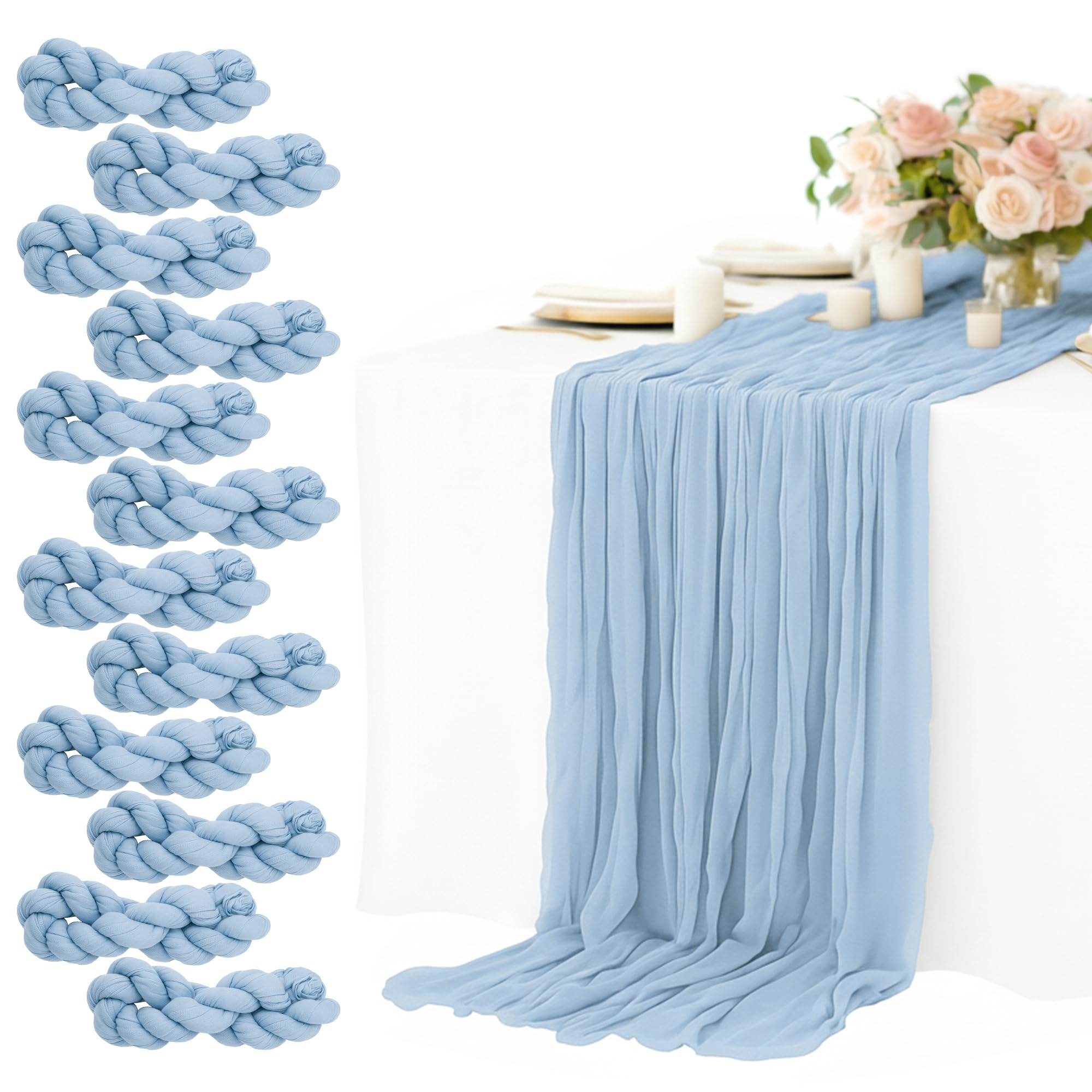Photo 1 of 12 Pack Dusty Blue Cheesecloth Table Runners 10FT Long – 35 x 120 Inch Boho Gauze Table Runners for Engagement, Wedding, Baby Shower & Home Decor – Soft Wrinkled Polyester Fabric