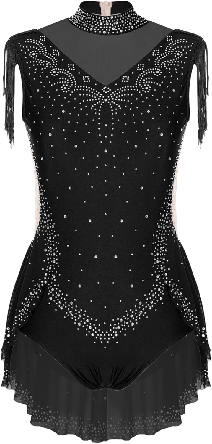 Vxuxlje Women's Shiny Rhinestone Tassel Latin Dance Dress Sleeveless Ruffled Skirted Leotard