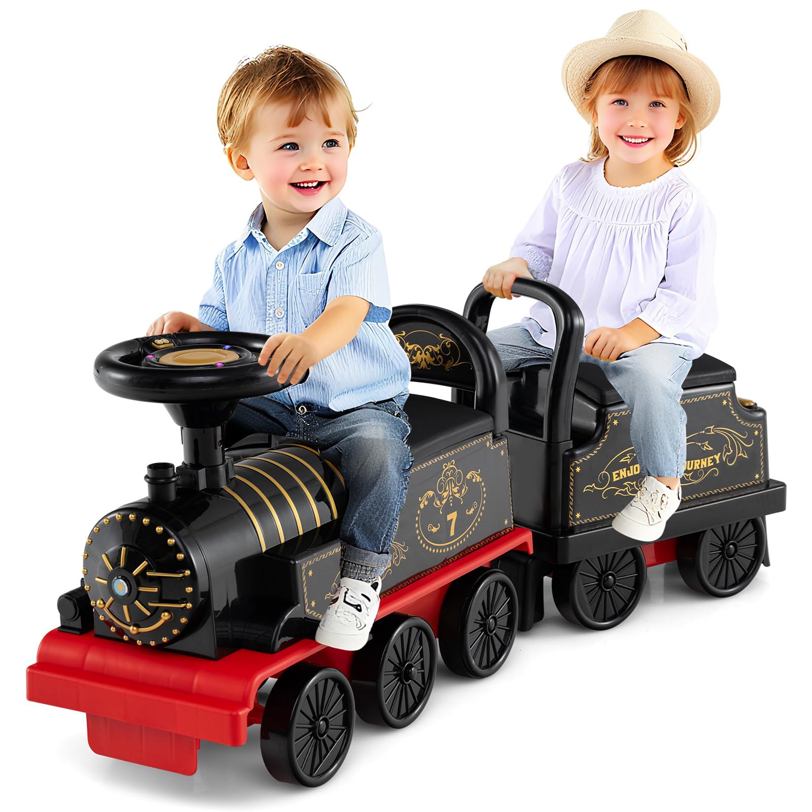COSTWAY Trenino Elettrico con Vagone, 6V Giocattolo Elettrico a Batteria con Contenitore, Poggiapiedi Estraibili, Musica e Luci LED, Auto Elettrica per Bambini 18+ Mesi