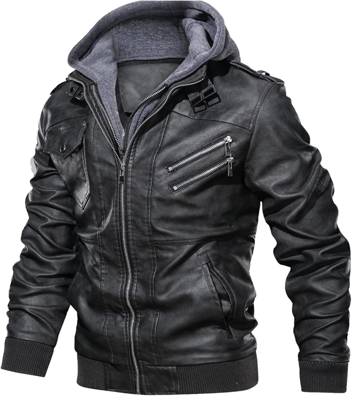 Men's Hooded Leather Jacket Male Hood Slim Fit Faux Leather Jackets Men Casual Hood Motorcycle Leather Coat