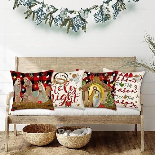 Miniatura 3 de Juego de 4 fundas de almohada de Navidad de Jesús de 22 x 22 pulgadas, diseño de búfalo rojo y negro, con texto en inglés "O Holy Night Christmas",