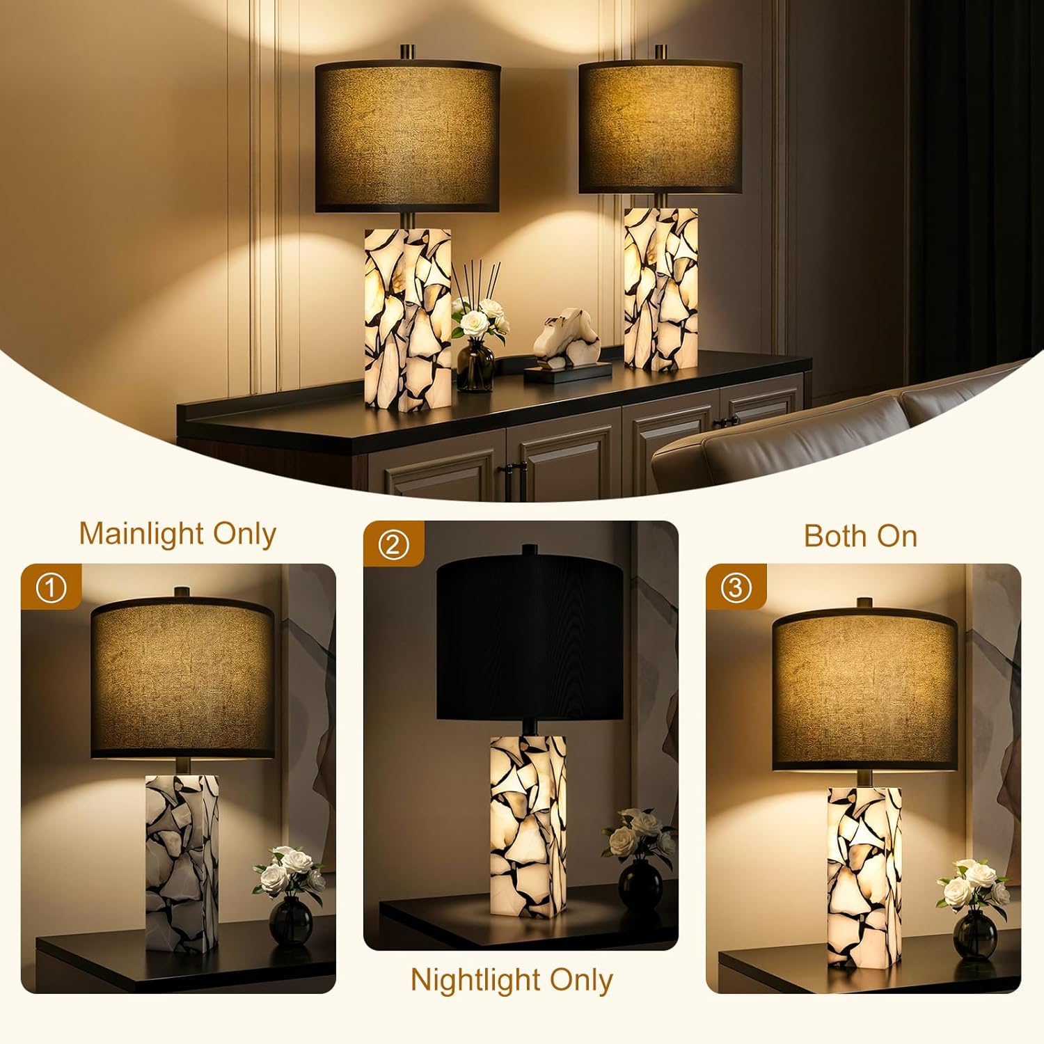 Scenekoy 23" Alabaster Table Lamps Set of 2 with Night Light for Living Room, Rotary Switch, Black Modern Table Lamp with Black Linen Shade, Nightstand Lamp for Bedroom Bedside Office (Bulb Included)