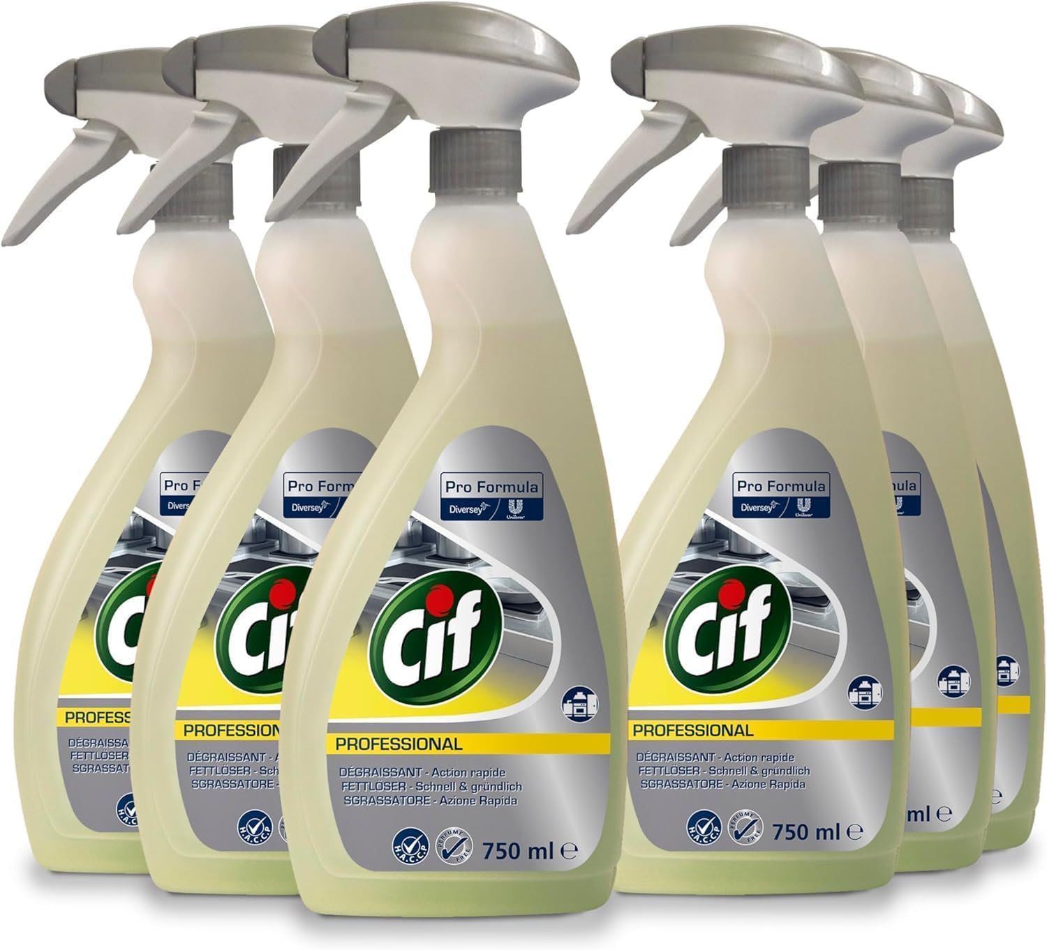 Cif Professional Fettlöser, anwendungsfertig, parfümfrei, aluminiumverträglich, geeignet für Lebensmittelbereiche, 6 x 0,75 Liter Sprühflaschen