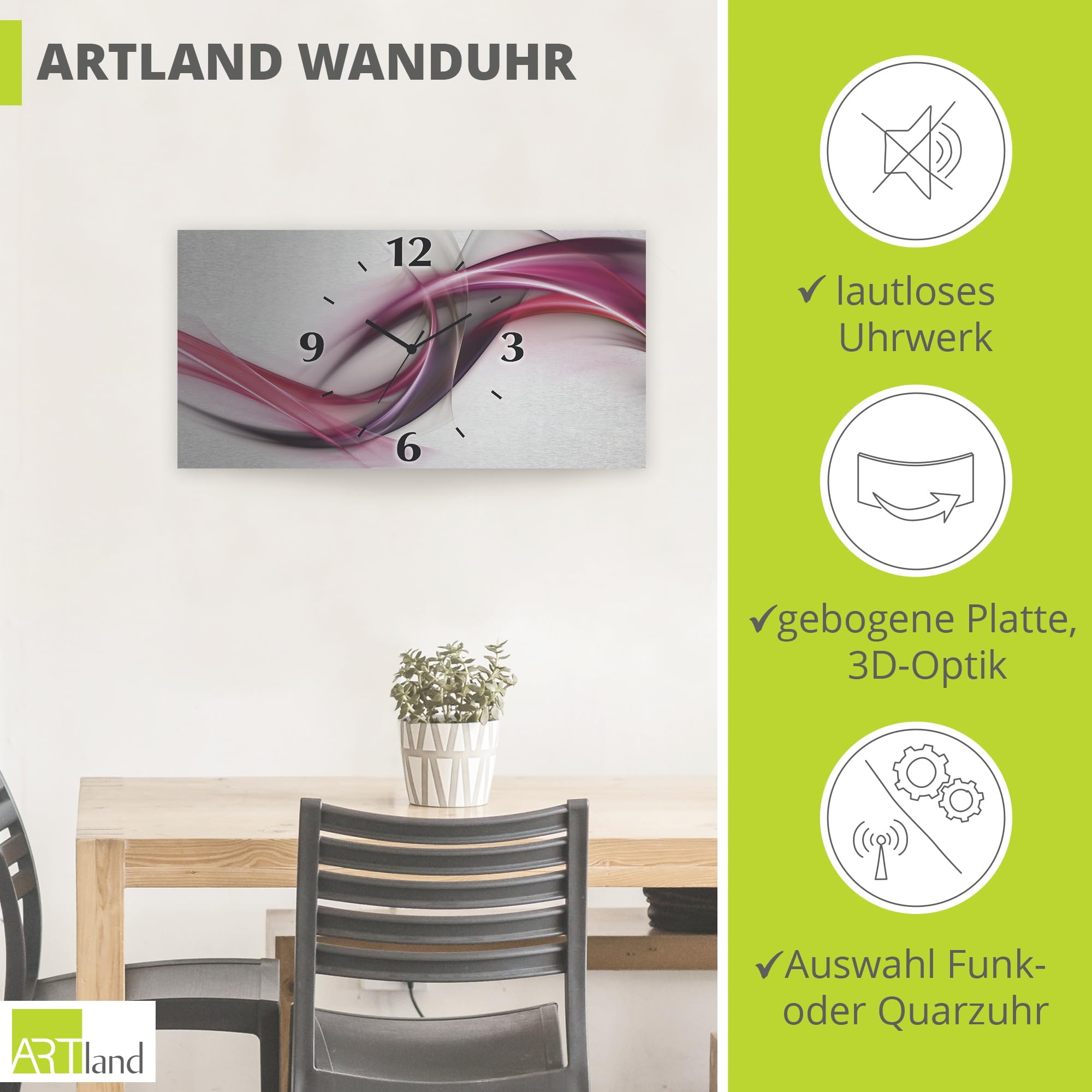 ARTLAND Wanddeko Wanduhr ohne Tickgeräusche Alu Quarzuhr 60x30 cm Eckig Lautlos 3D Design Welle Abstrakt Modern Ausgefallen S8UL
