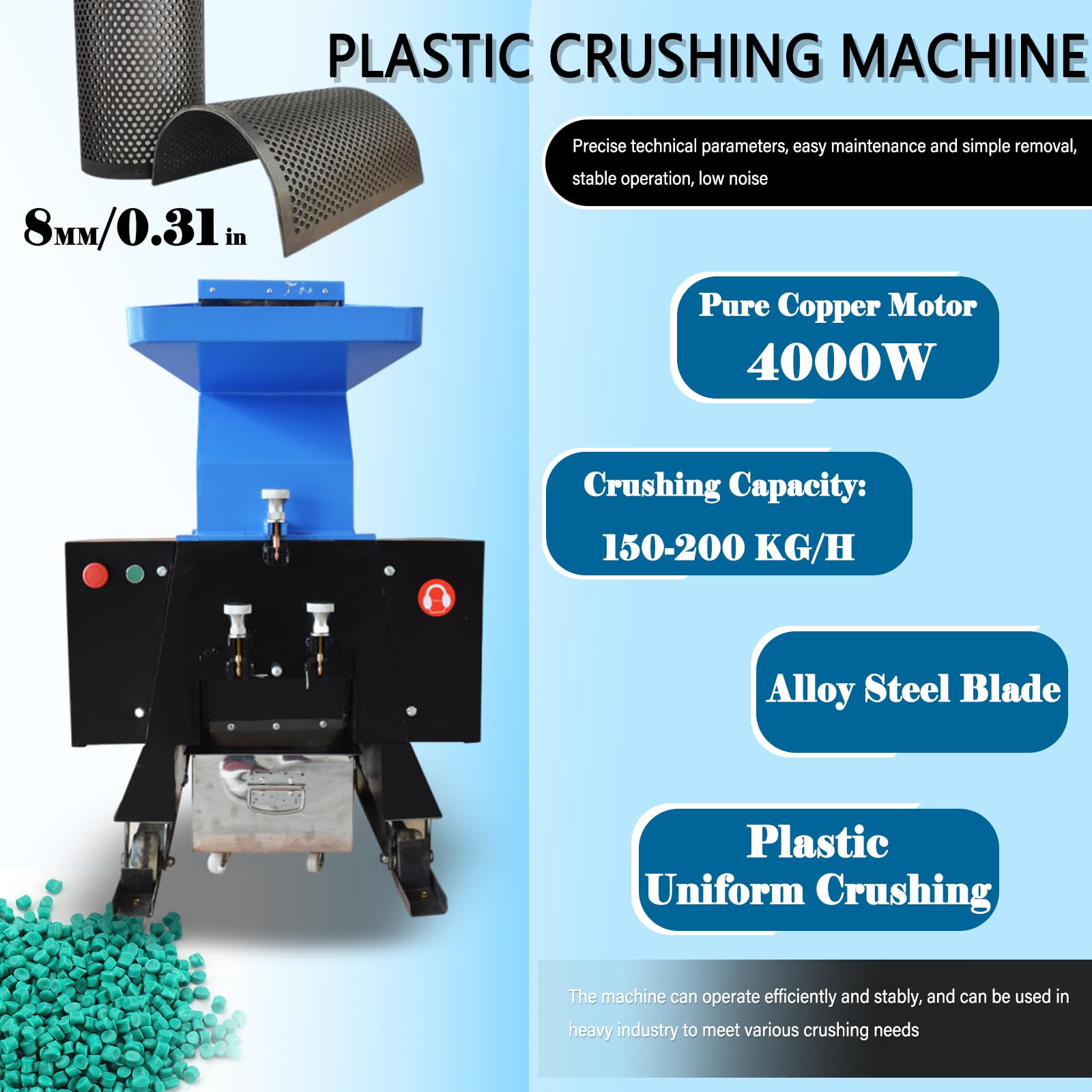 LGXEnzhuo 4000W Plastic Shredder Bottle Cans Crusher Steel Blade Plastic Crushing Grinding Machine Heavy Duty Granulator Chipper 330-440 LB/H Blue 220V