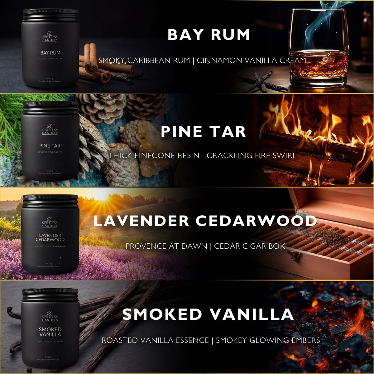 Spotless Candles Coffret cadeau avec 4 bougies parfumées pour homme 226,8 g Rum de baie, goudron de pin, vanille fumée, lavande et bois de cèdre 200 heures de combustion, bocaux en verre noir mat