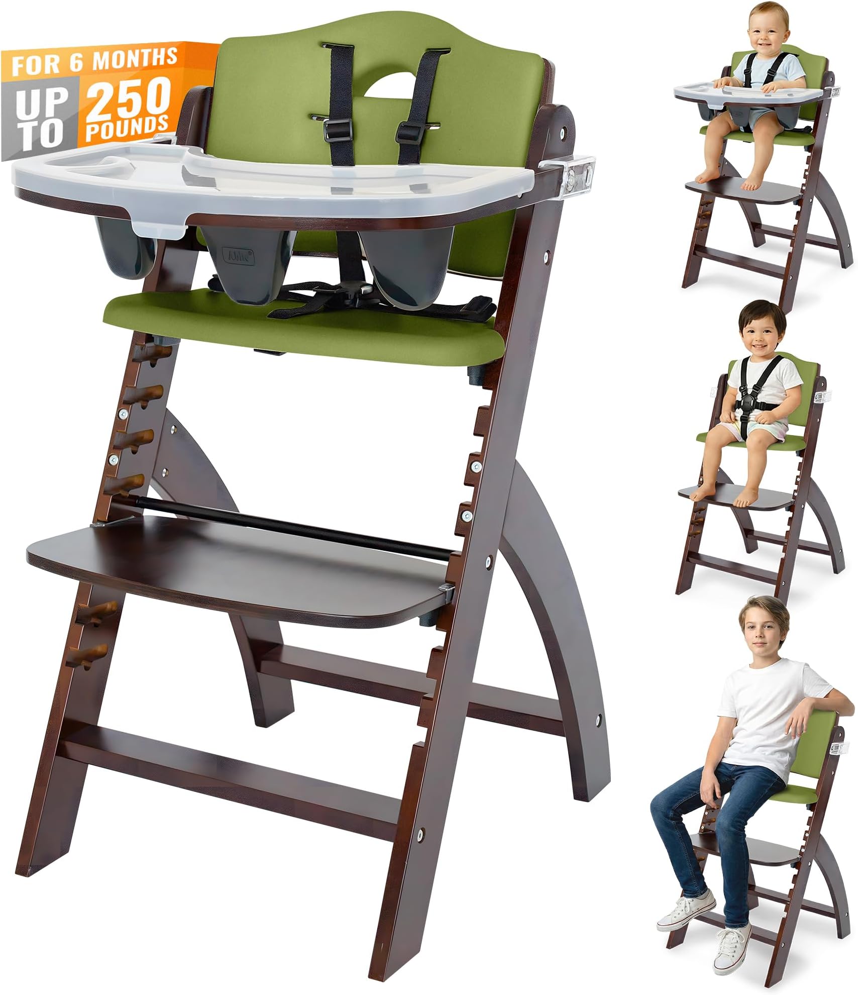 Abiie Beyond Junior Wooden High Chair for Babies and Toddlers - Convertible 3-in-1 Baby Highchair with Removable Tray - 6 Months to 250 Lb - Water Resistant - Mahogany Wood/Olive Cushion