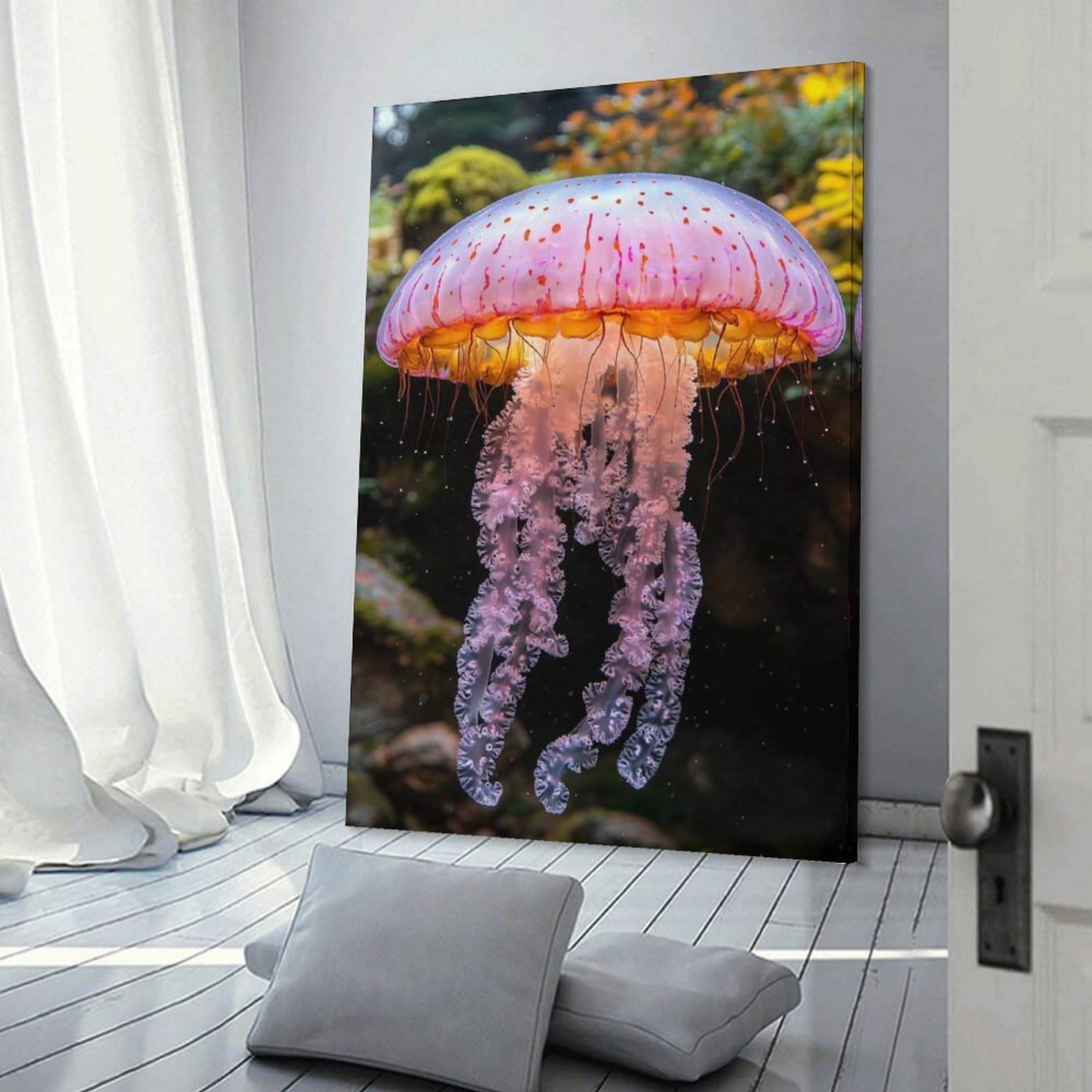 Junmoney Elegant Jellyfish in Ocean Depths Wall Decor Canvas Print, 16x24inch(40x60cm), for Small Homes, Bedrooms Or Open Spaces, Wall Decor with Flexible Room Appeal