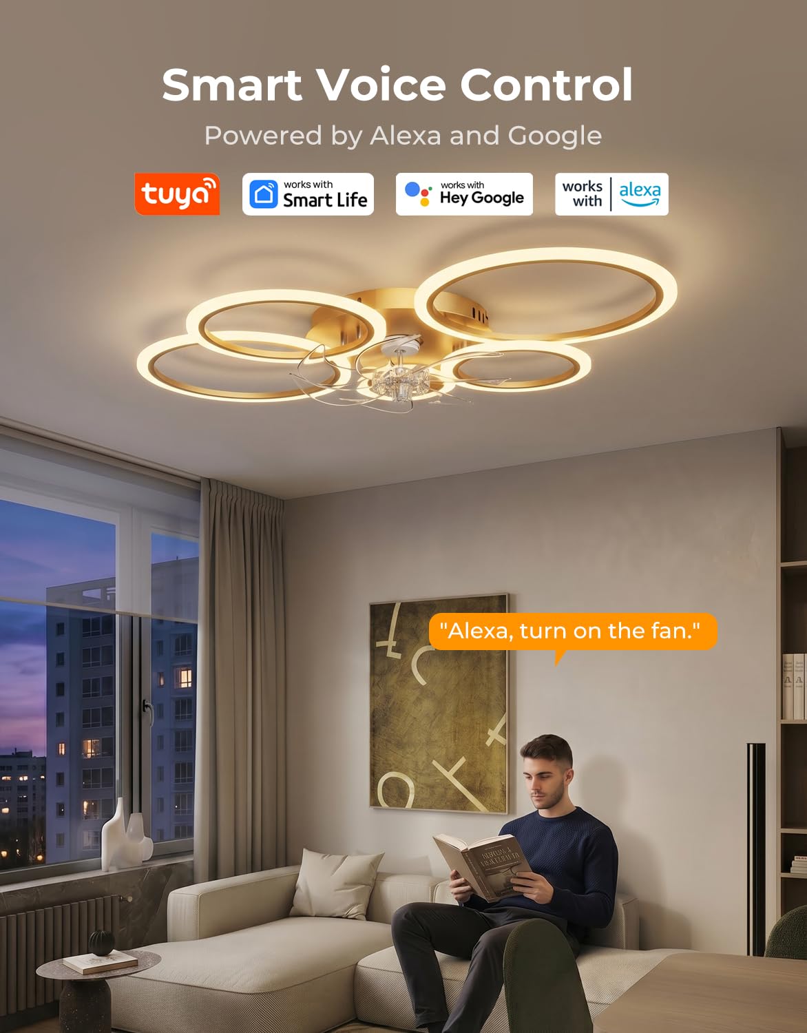 Deckenleuchte mit Ventilator Kompatibel mit Alexa, Google Assistant, Ring Deckenventilator mit Beleuchtung Leise, Dimmbar, 6 Stufen, DC Motor, Winterbetrieb, Moderne Ventilator Lampe Decke
