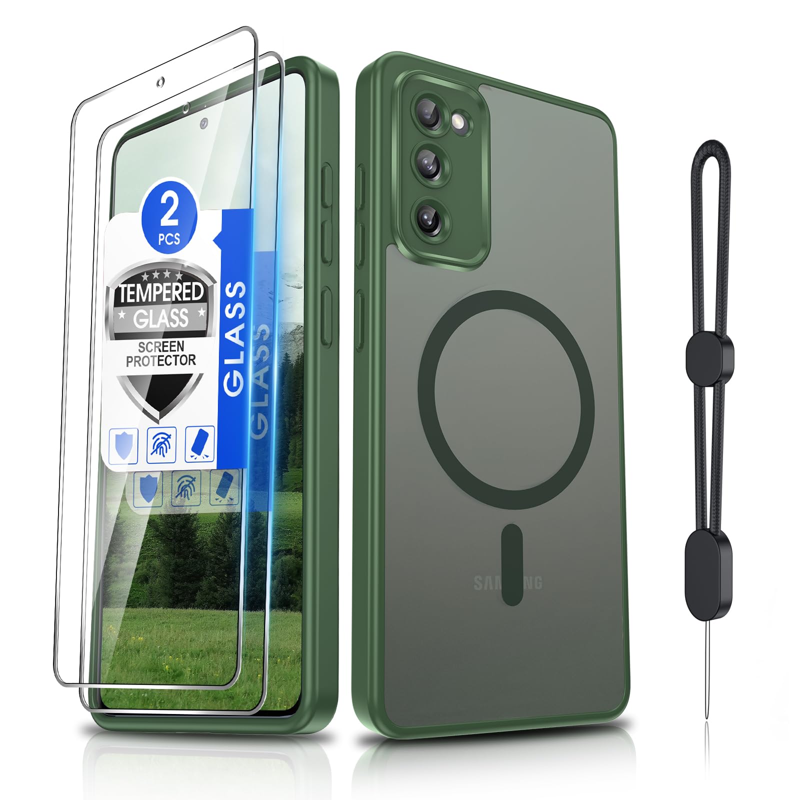 Dizn for Samsung Galaxy S20 FE Case,[Not Fit S20],with 2 Tempered Glass Screen Protector,[Compatible with MagSafe], with Strap, Magnetic &amp; Military Grade Shockproof Protective,for S 20 FE (6.5"),Green