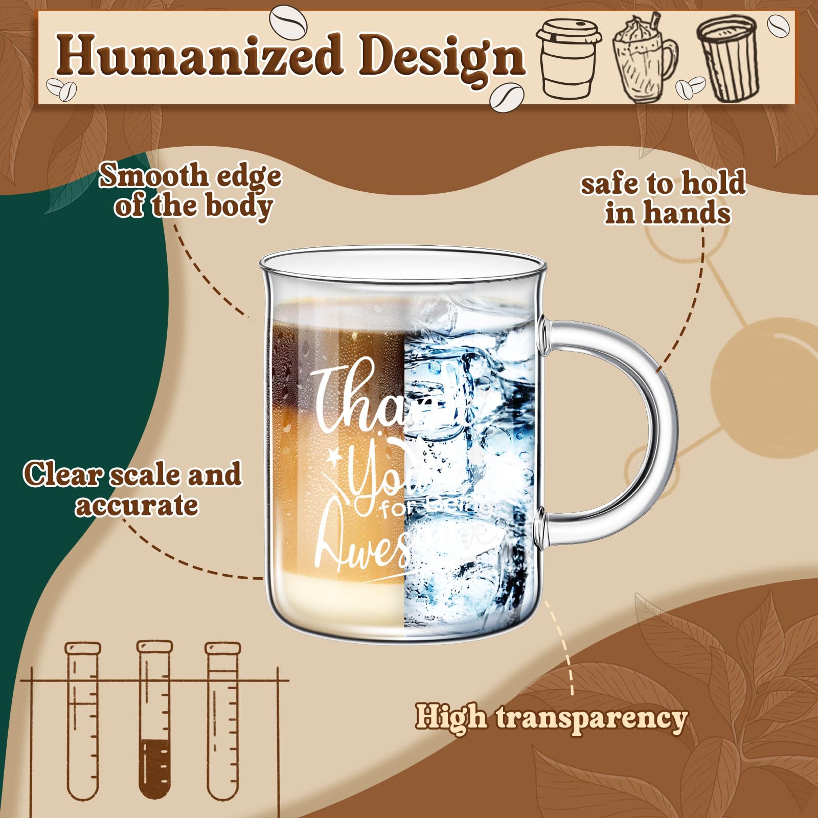 Hsei Lot de 4 gobelets gradués en verre borosilicate avec poignée « Thank You for Being Awesome », pour café, latte, thé, boisson, 450 ml