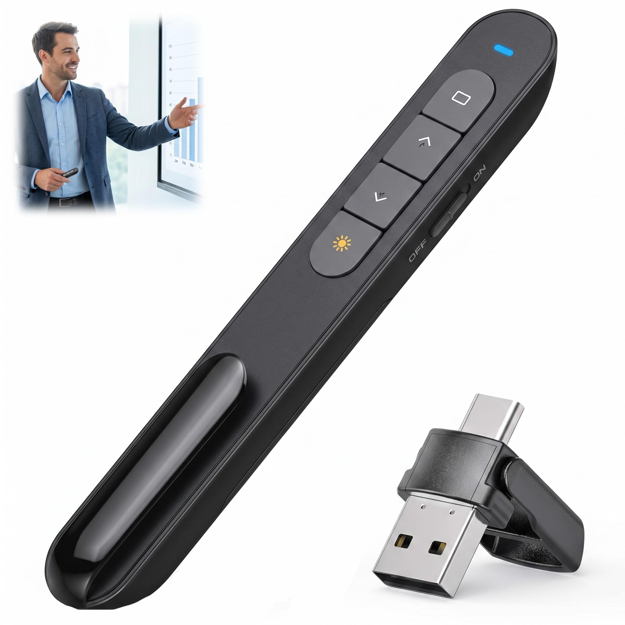 Präsentationsfernbedienung, Powerpoint Fernbedienung, 2 in 1 USB und USB C Presenter Pointer Kabellos für Präsentationen, 2,4GHz Fernbedienung mit Rotem Laser, Hyperlink und Lautstärke für Laptop PC