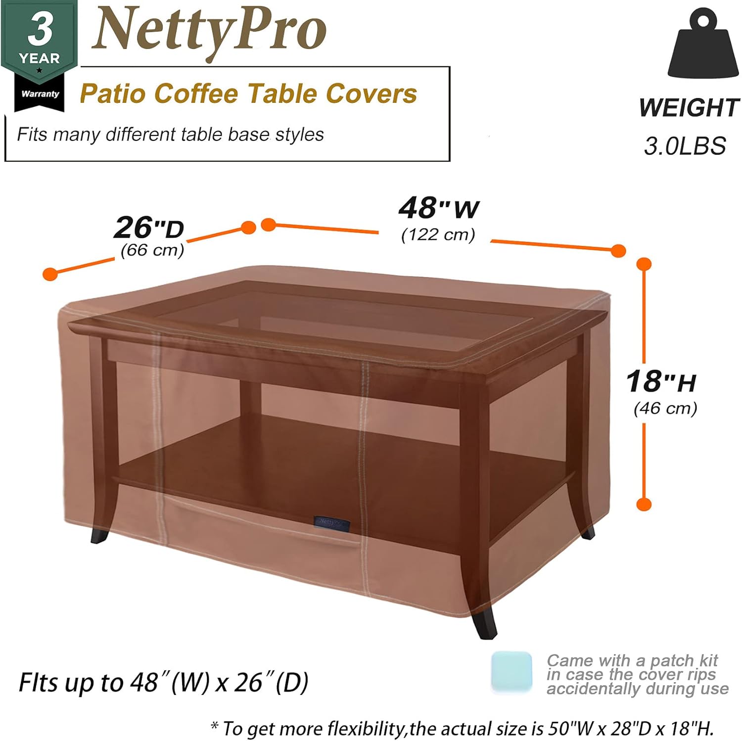 NettyPro Outdoor Coffee Table Cover Rectangular Waterproof Patio Furniture Cover Coffee Table Rectangle, 48 x 26 x 18 Inch, Brown