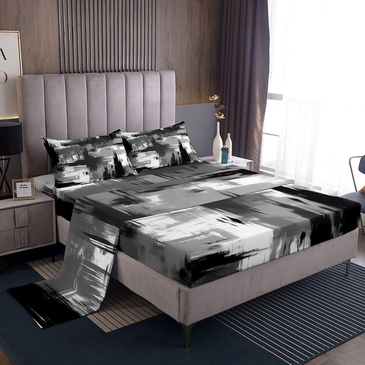 Feelyou Grey Black White Abstract Bed Sheets Set King Size Geometric Sheet Set for Kids Stripe Line Sheets with Deep Pocket Fitted Sheet Women Men Teens Ultra Soft Decor Modern Art Bedding Set