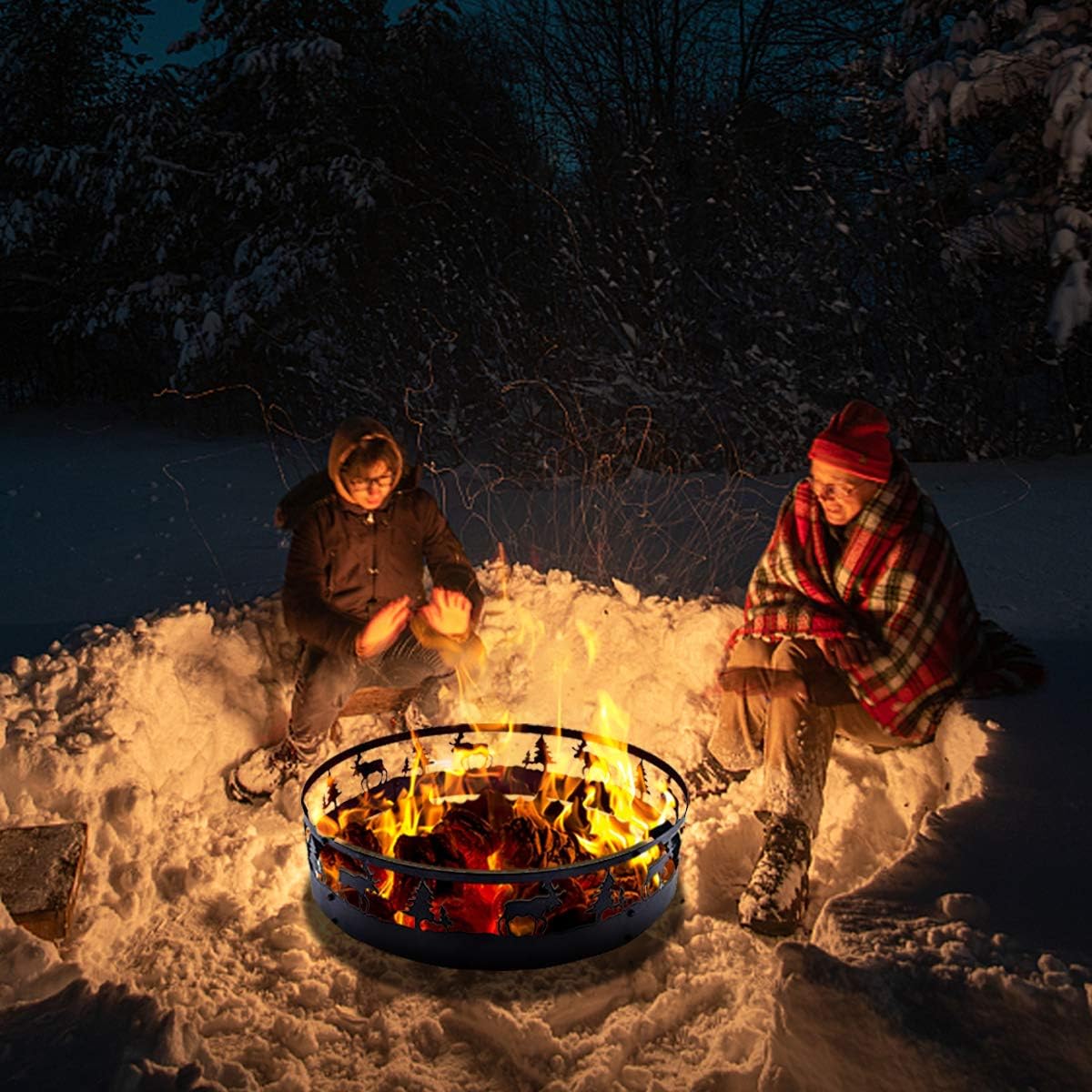 Kapler 36 Inch Outdoor Fire Pit Ring - Foldable Round Metal Wood Burning Fire Ring with 360-Degree Wildlife Cutouts for Camping & Backyard Bonfire Gatherings