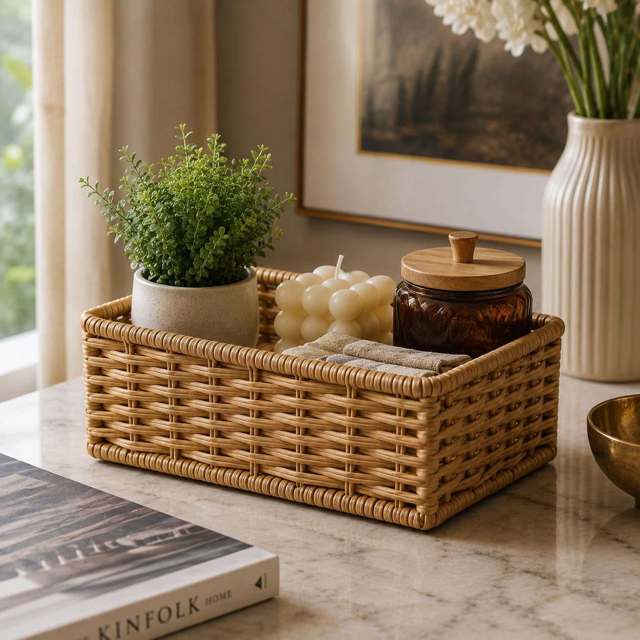 Woven Raffia Storage Basket, Rectangular Natural Decorative Organizer Tray, Boho Basket for Kitchen, Vanity, Home & Gifting, Sustainable Storage Basket (9 x 5 Inch)-image-42