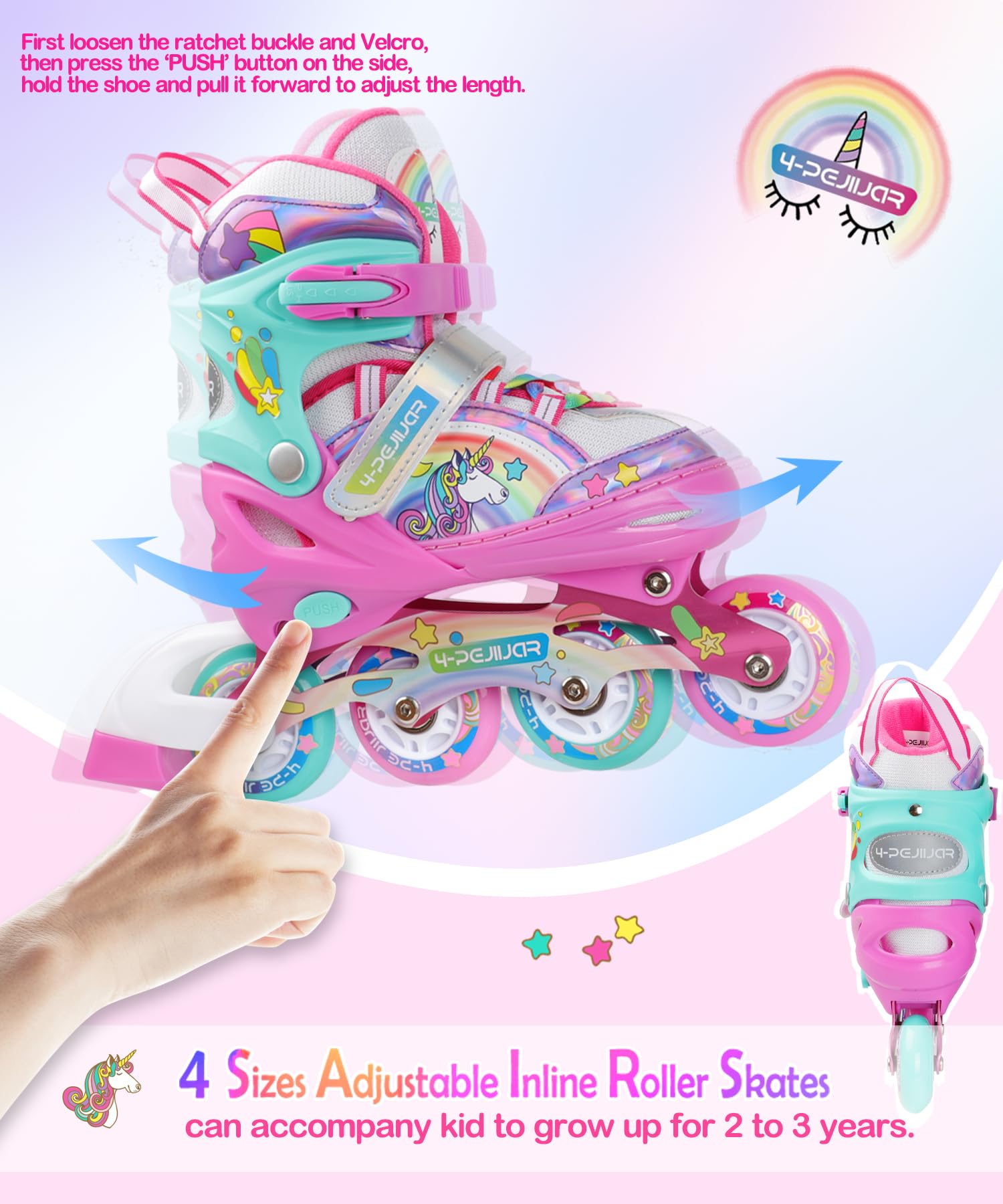 Unicorno Pattini in Linea Bambina Regolabili 4 Ruote LED per Principianti Ragazza