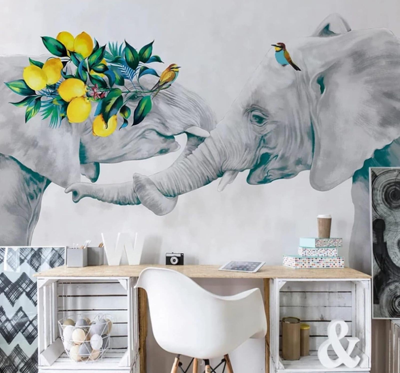 Wallpaper-3D-Xlm 400Cm×280Cm(B×H) Minimalist Hand Drawn Elephants Flowers And Birds Art 3D Wallpaper Easy Install Feature Office Living Room Sofa Bedroom Tv Background Wall Decoration-400Cm×280Cm