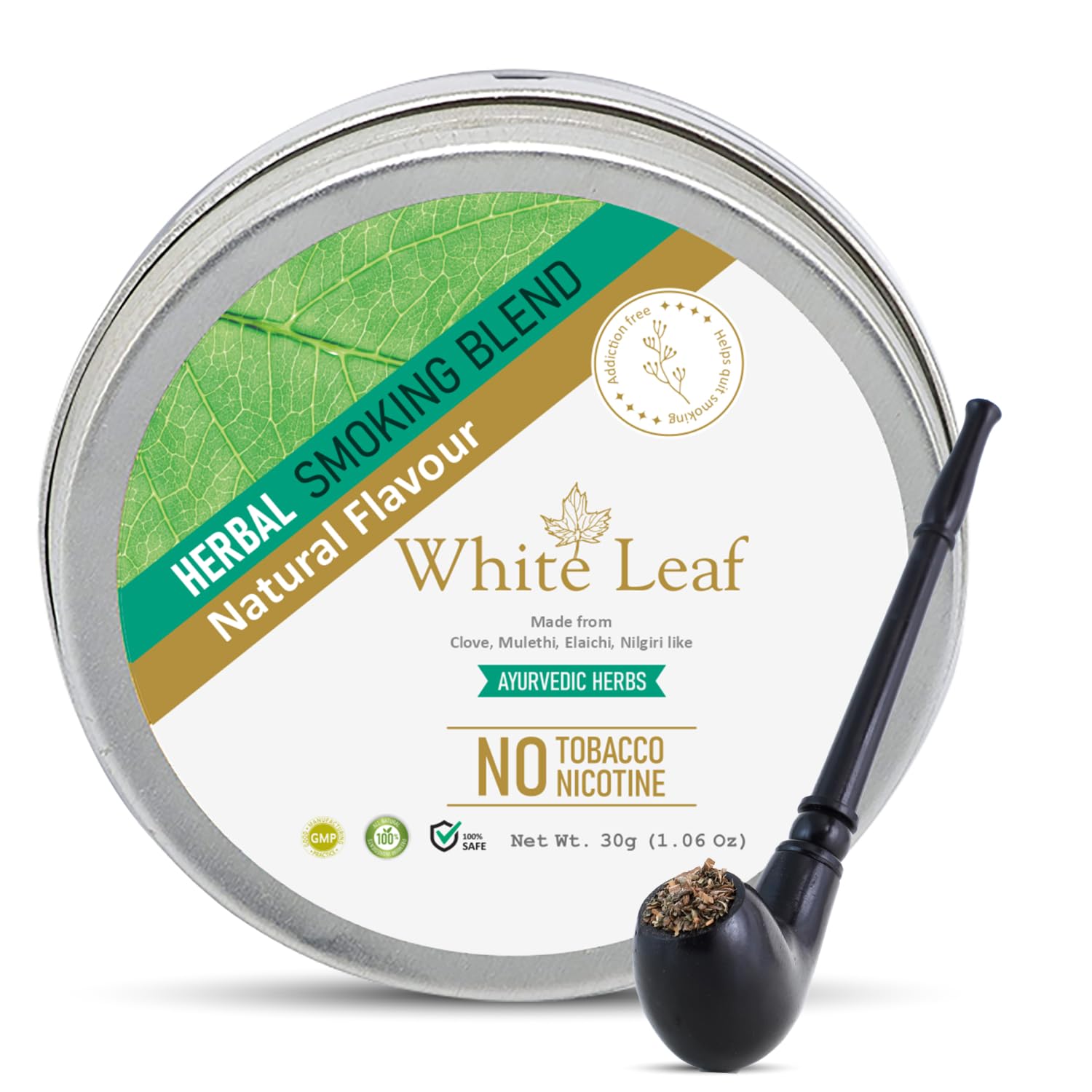 White Leaf Tobacco & Nicotine Free Smoking Mixture With 100% Natural Flavour Herbal Smoking Blend (makes 40 rolls) Tobacco Alternatives, Herbal Smoking Mix 1 Pack 30gm With Wooden Royal Black Pipe