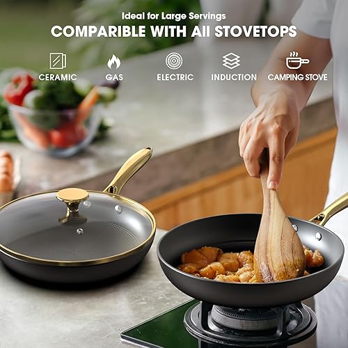 Miniatura 7 de imarku Sartenes antiadherentes, sartén con tapa, 2 unidades, 10 pulgadas y 12 pulgadas, sartén antiadherente de hierro fundido de larga duración,