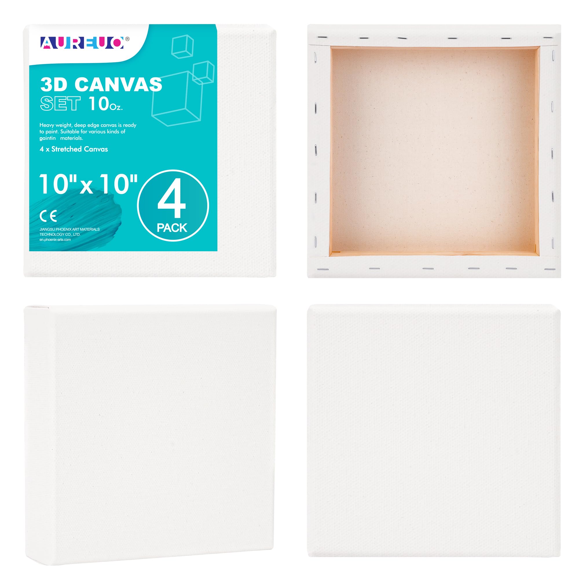 AUREUO Lienzo envuelto en galería de 10 x 10 pulgadas, 1.5 pulgadas de profundidad, paquete de 4 lienzos cuadrados blancos de 10 onzas con triple imprimación de gesso 100 % algodón para pinturas
