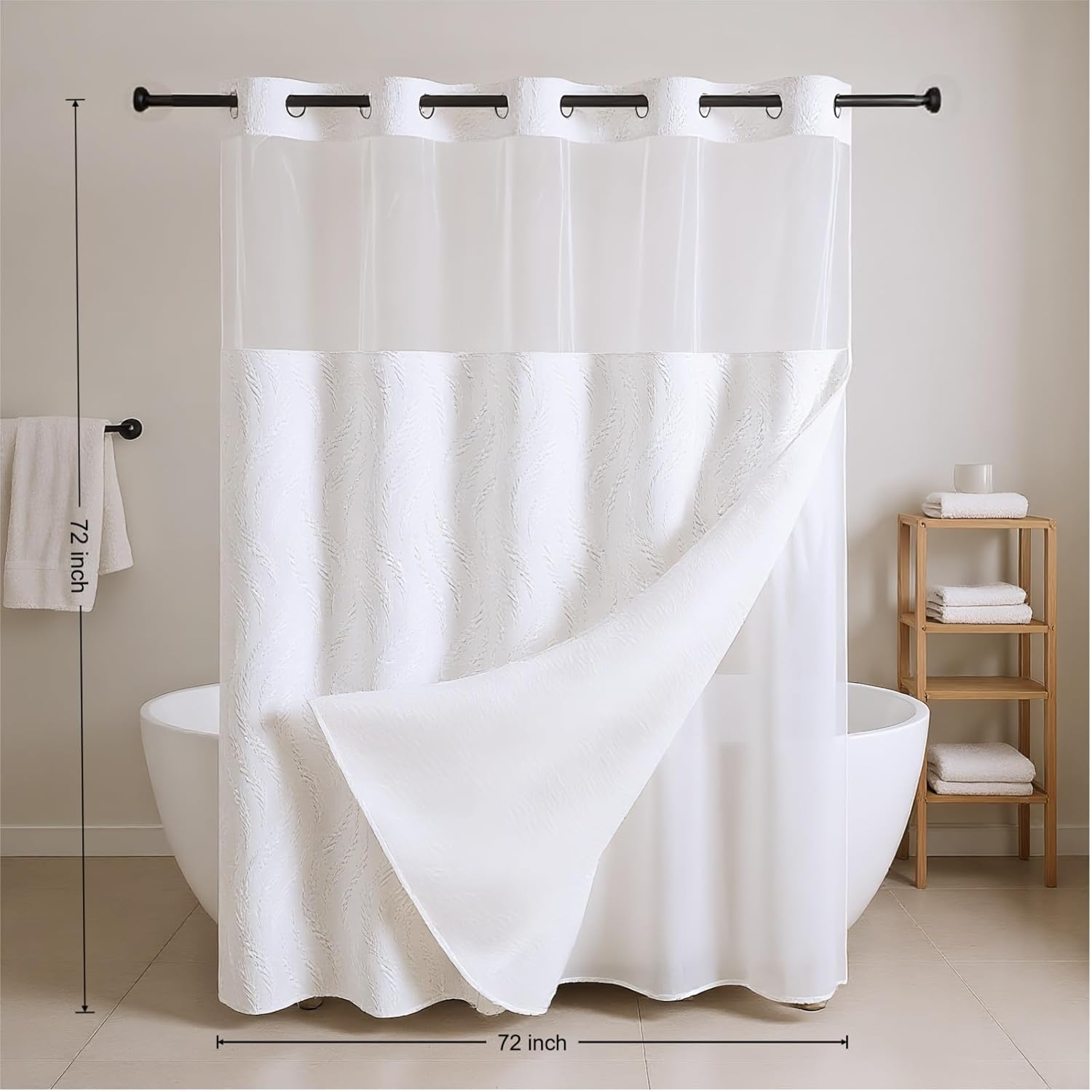 No Hooks Tan Boho Farmhouse Cloth Fabric Shower Curtain, 3D Textured Fern Leaves Minimalist Modern Shower Curtain with Snap-in Liner & See Through Window Sets, 72x72 inches