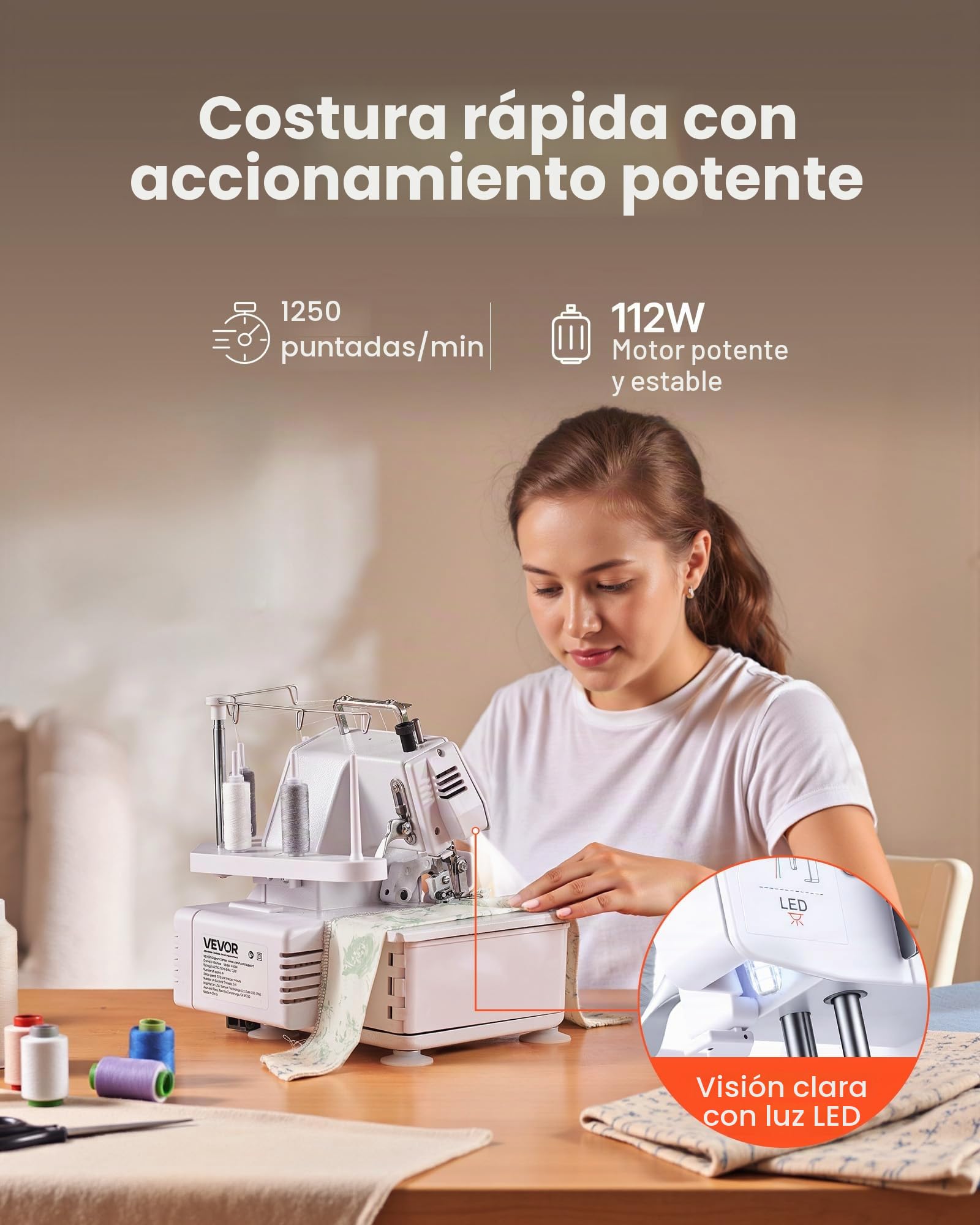 VEVOR Máquina de Coser Overlock, 1250 Puntadas por Minuto, Compatible con 3 y 4 Hilos, con Luz LED y Pies de Succión Fuertes, con Marco de Metal para Varios Tejidos, Blanco, 260 x 270 x 270 mm