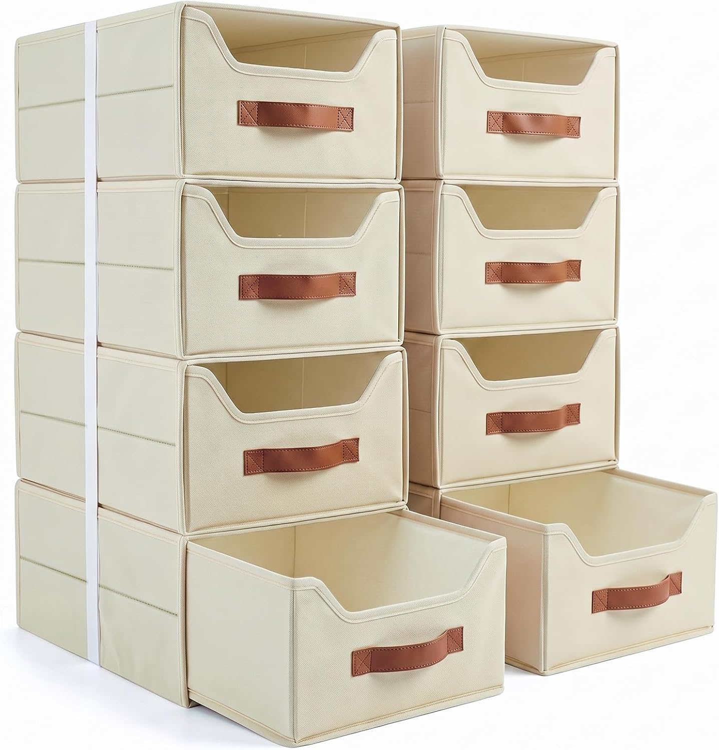 16" Stackable Closet Storage Drawers, 8 Pack Fabric Organizer for Dorm Room | Large Size, One-piece Frame, Stackable, for College Dorm, Pull-out Drawer, Closet Organizer, Foldable, Space Saving, Beige