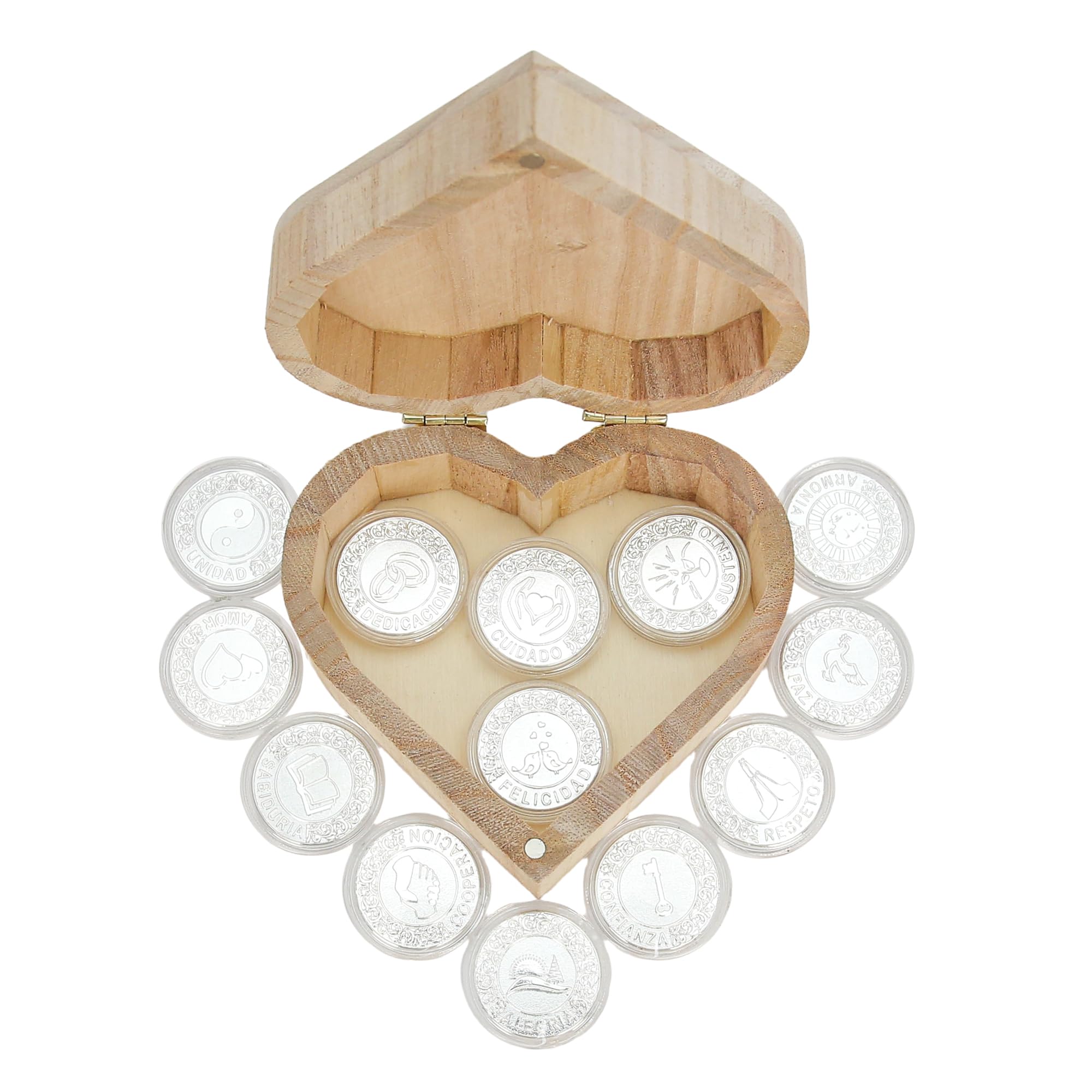 TINGKU Arras de Boda Catolica Set de monedas de boda - 13 monedas de unidad de plata para la ceremonia de boda católica, elegantes Recuerdos Para Boda con caja de madera en forma de corazón
