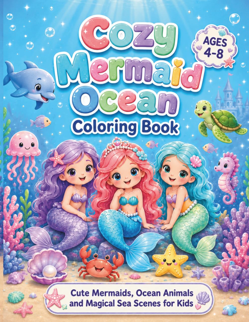 Cozy Mermaid and Ocean Friends Coloring Book: Cute Mermaid and Sea Animal Coloring Pages for Kids Ages 4-8