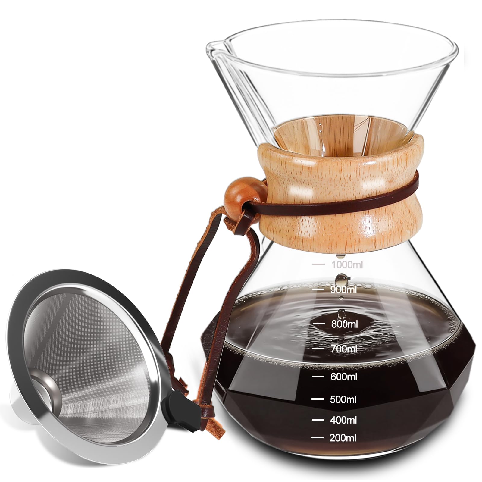 Coffee Pour Over 33.8oz 1000ml High Borosilicate Glass Pour Over