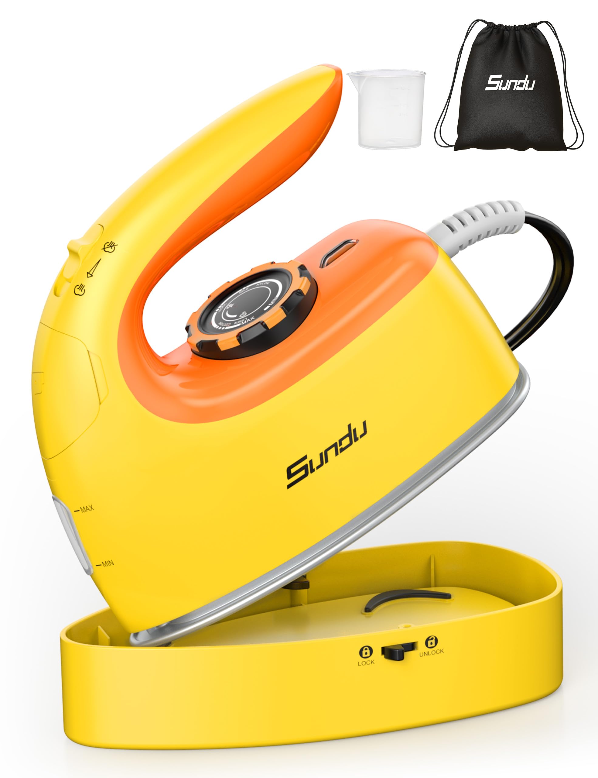 Sundu 1000W Mini Travel Steam Iron, Portable Small Iron for Quilting &amp; Sewing, Non-Stick Soleplate, 300 Steam Holes, 90ml Tank, Safety Base &amp; Digital Temperature Control-Yellow