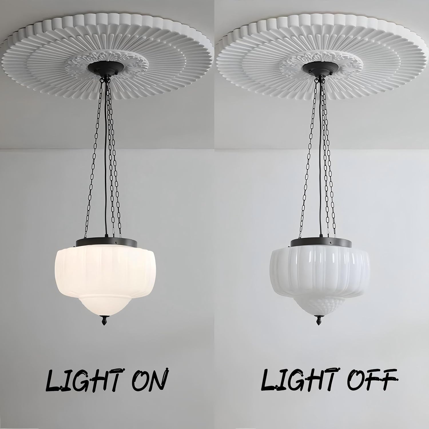 LIGHTLAND Milk Glass Pendant Light, 13 Inch Mid Century Semi Flush Mount Ceiling Light Fixture with 39.4 Inch Adjustable Chain, Vintage Chandelier for Bedroom, Living Room, Dining Room, Hallway