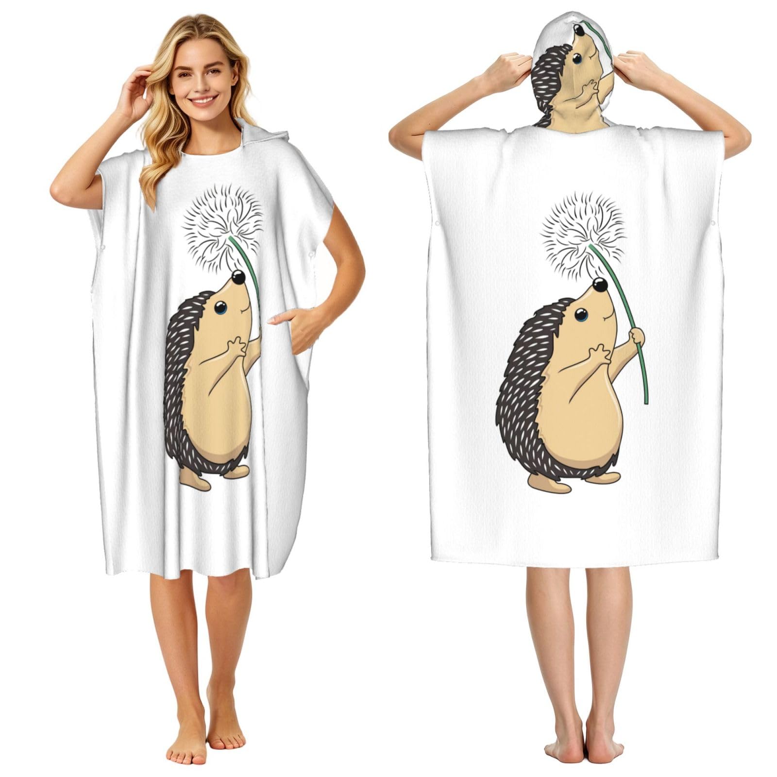 Poadnly Hedgehog Animal, Adult Hooded Beach Towel 90 x 110 cm,Changing Bath Robe, Surf Poncho Towel For Women Men