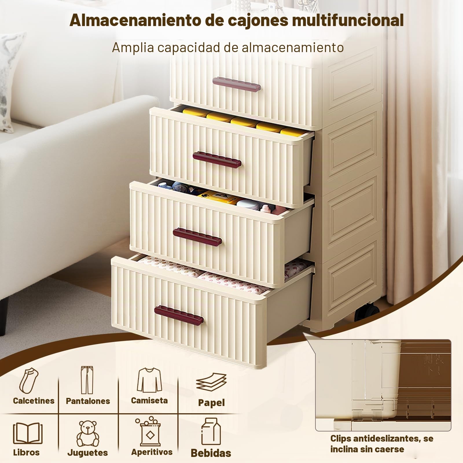 Cajonera de plástico con ruedas, 4 niveles, armario de cajones móvil, para dormitorio, para salón, oficina, hogar, 48 x 30 x 69,5 cm