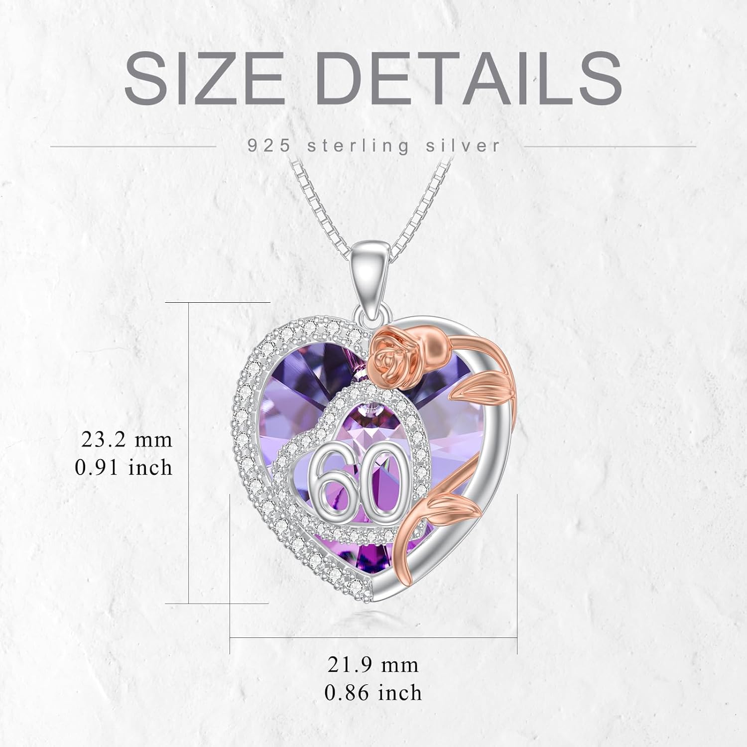Heart Birthday Necklace for 16 18 30 40 50 60 Year Old Women 925 Sterling Silver 16th 18th 30th 40th 50th 60th Birthday Pendant Crystal Necklace Rose Jewelry Gifts for Mom Grandma Wife Daughter