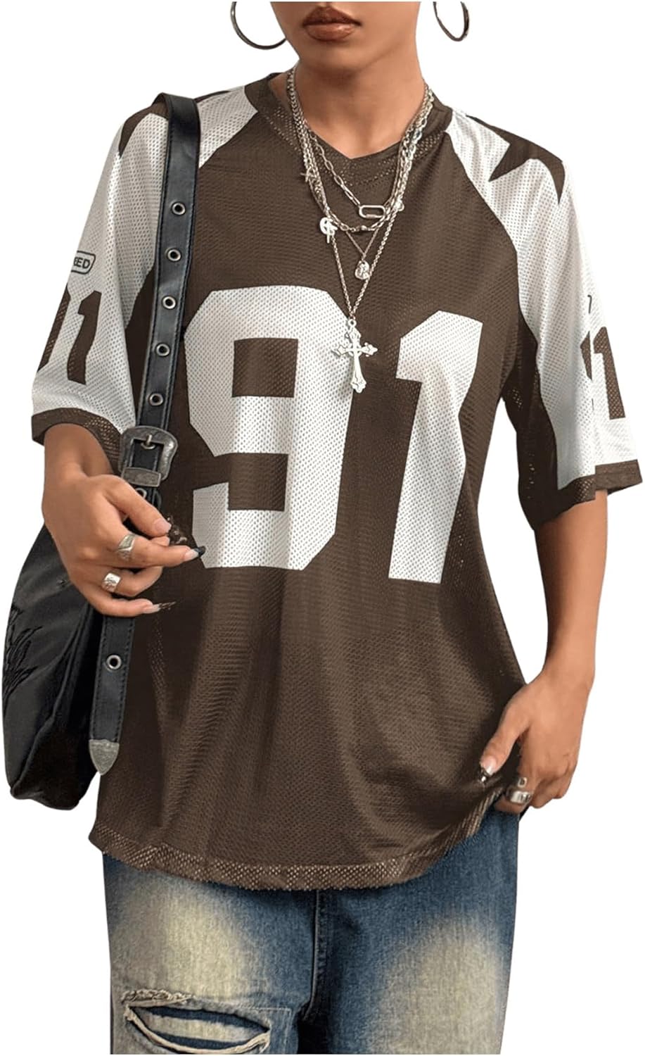 SHENHE Women's Oversized Graphic Football Jersey Shirt Mesh Short Sleeve Tee Top Streetwear