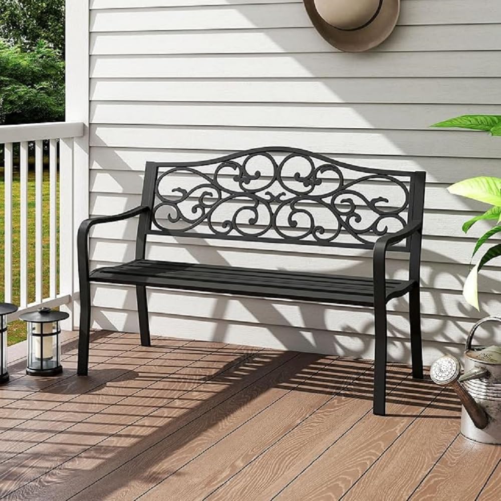 GOPLUS Gartenbank Metall, 2-3 Sitzer Parkbank wetterfest bis 300kg belastbar, Terrassenbank mit Rücklehne und Armlehne, Sitzbank Outdoor Antik für Garten Balkon Terrassen, 128 x 62 x 89 cm